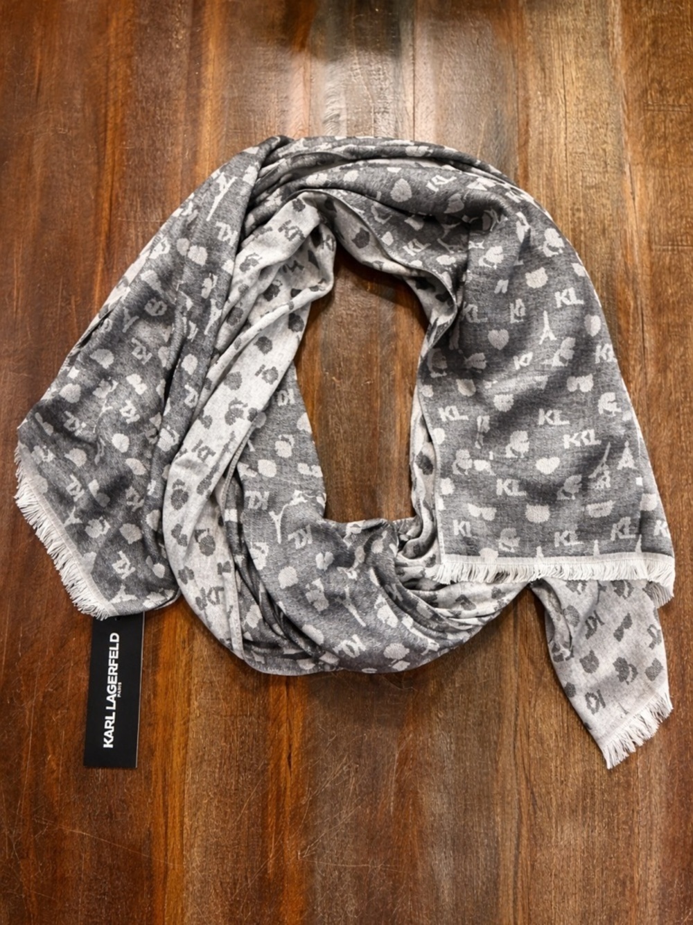 Karl Lagerfeld Gray Paris Monogram Logo Eiffel Tower Fringe Scarf NWT
